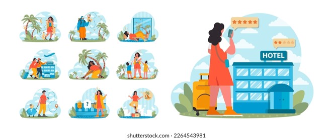 Bad vacation experience set. Unlucky tourist having problems during their trip. Unhappy character travel abroad. Flat vector illustration