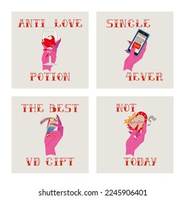 Bad valentines day concept gift card. Cartoon elements and lettering in trendy tattoo style. Vector illustration.