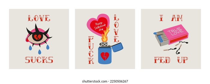 Bad valentines day concept gift card. Cartoon elements and lettering in trendy tattoo style. Vector illustration.