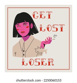 Bad Valentines gift card anti love concept. Feminist poster. Girl with a cigarette and a cheeky cynical phrase. Vector Illustration in trendy pink style.