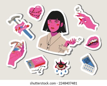 Bad Valentines sticker pack  Anti love concept cartoon elements  Pink   red trendy tattoo style  Cynical girl  break up  heartbreaker   cigarette  lonely mood  Vector illustration 