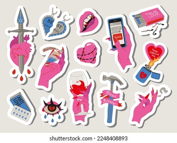 Bad Valentines sticker pack  Anti love concept cartoon elements  Pink   red trendy tattoo style  Wine  tears  break up  heartbreaker   cigarette  lonely mood  Vector illustration 