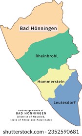 Bad Hönningen verbandsgemeinde map of Neuwied district Rhineland-Palatinate (Rheinland-Pfalz) state in Germany. Vectored. Retro colors