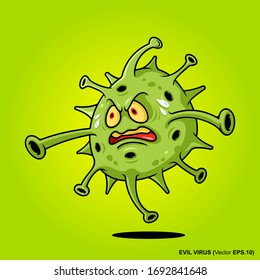 Bad Virus Running Scared, Novel Coronavirus 2019-nCoV. Green Evil Virus Cartoon Character Of Covid-19 Outbreak Illustration Logo Or Icon Design Vector
