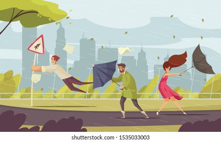 Bad Weather In City Funny Flat Composition With People Blown Off Their Feet By Storm Vector Illustration 