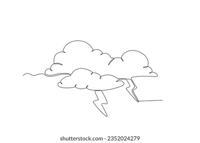 Bad weather, clouds, and lightning. Hurricane one-line drawing