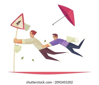 Bad weather composition with two doodle characters hanging on traffic sign post blown by extreme wind vector illustration