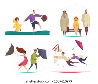 Bad weather concept 4 flat funny compositions with people holding flipping inside out umbrellas isolated vector illustration 