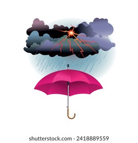 Bad weather concept. Storm. Clouds with lightning, rain and umbrella. Vector illustration