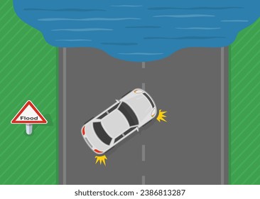 Bad weather conditions. Car is turning around on flooded road. Top view. Flat vector illustration template.