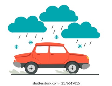 Bad weather conditions for driving vehicles, slippery road and risk of traffic crash or accident. Transport in snowy and rainy drops on highway or street, winter season. Vector in flat style