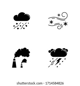 Bad weather forecast black glyph icons set on white space. Meteorology, atmosphere condition prediction silhouette symbols. Hail, blowing snow, smoke and thunderstorm. Vector isolated illustration