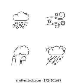 Bad weather forecast pixel perfect linear icons set. Meteorology, atmosphere condition prediction customizable thin line contour symbols. Isolated vector outline illustrations. Editable stroke
