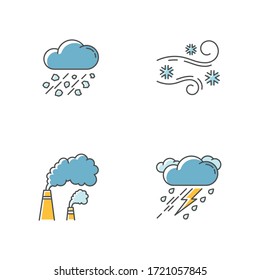 Bad weather forecast RGB color icons set. Meteorology, atmosphere condition prediction. Hail, blowing snow, smoke and thunderstorm. Isolated vector illustrations