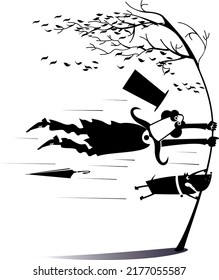 Bad weather, a hurricane, a frightened man and a dog holding a tree. 
Strong wind, flying leaves, dog and man who lost his hat and umbrella try to save their life by grabbing a tree. Black on a white 