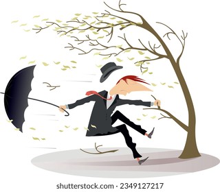 Bad weather, a hurricane, a frightened man man grabbing a tree branch. 
Strong wind, flying leaves, man with umbrella trying to save his life by grabbing a tree. Isolated on white background
