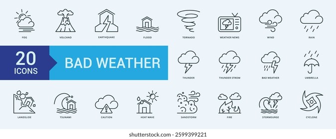 Bad weather icon collection set with fog, volcano, earthquake, flood, tornado, weather news
