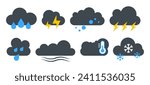 Bad Weather Icons. Vector dark clouds with snow, rain, lightning. Thunderstorm clouds.