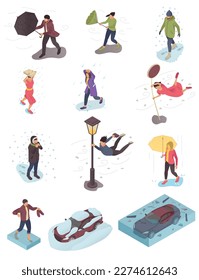 Bad weather isometric set of people in dangerous because of natural cataclysm isolated vector illustration