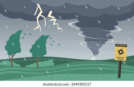 Paisaje de mal Clima con huracán tornado y señal de desastre. Ilustración vectorial.