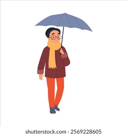 Bad Weather with Man Character with Umbrella Walk in Windstorm and Rain Vector Illustration