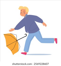 Bad Weather with Man Character with Umbrella Walk in Windstorm and Rain Vector Illustration