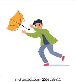 Bad Weather with Man Character with Umbrella Walk in Windstorm and Rain Vector Illustration