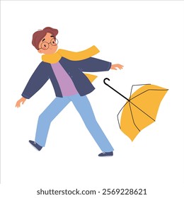 Bad Weather with Man Character with Umbrella Walk in Windstorm and Rain Vector Illustration