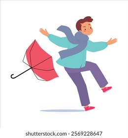 Bad Weather with Man Character with Umbrella Walk in Windstorm and Rain Vector Illustration