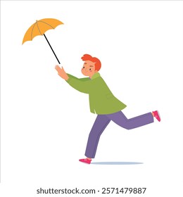 Bad Weather with Man Character with Umbrella Walk in Windstorm and Rain Vector Illustration