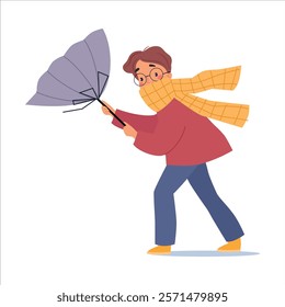 Bad Weather with Man Character with Umbrella Walk in Windstorm and Rain Vector Illustration