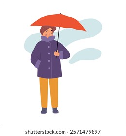 Bad Weather with Man Character with Umbrella Walk in Windstorm and Rain Vector Illustration