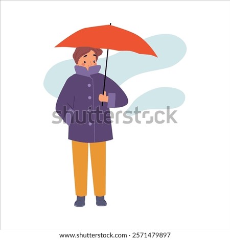 Bad Weather with Man Character with Umbrella Walk in Windstorm and Rain Vector Illustration