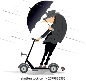 El mal tiempo. Hombre con paraguas en la ilustración de una moto.
Hombre con paseos en paraguas en moto bajo el fuerte viento y lluvia aislado en fondo blanco  
