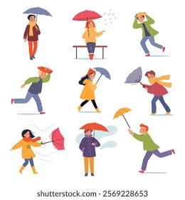 Bad Weather with Man and Woman with Umbrella Walk in Windstorm and Rain Vector Set