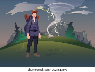 Bad weather in the mountains. Young man with backpack on the background of the mountain landscape with tornado and lightning. Mountain tourism, hiking, active outdoor recreation. Vector illustration.