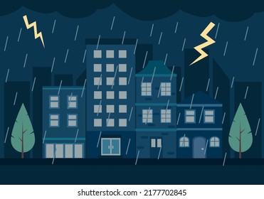 Bad weather night city landscape in flat design. Rainy season.