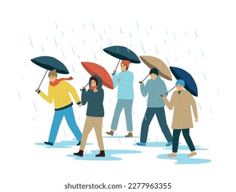 Bad weather people flat concept warmly dressed people walking under umbrellas in rainy weather vector illustration