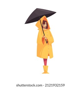 Bad weather rain composition with isolated character of woman wearing raincoat holding umbrella vector illustration