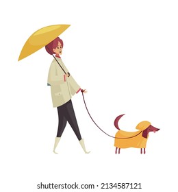 Bad weather rain composition with isolated character of woman holding umbrella walking her dog vector illustration