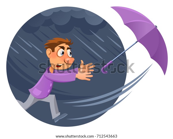 Bad\
weather. Rain and wind. Hurricane. Cartoon man tries to catch an\
umbrella. Cartoon styled vector illustration. Elements is grouped\
and divided into layers. No transparent\
objects.