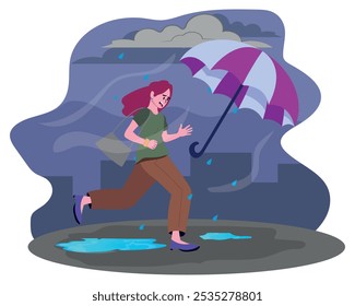 Bad weather. Rain and wind, woman tries to grab an umbrella. Cartoon style vector illustration.