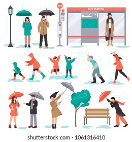 Bad weather set with rain and wind symbols flat isolated vector illustration