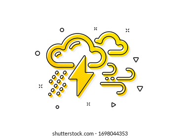 Bad weather sign. Clouds with raindrops, lightning, wind icon. Yellow circles pattern. Classic bad weather icon. Geometric elements. Vector