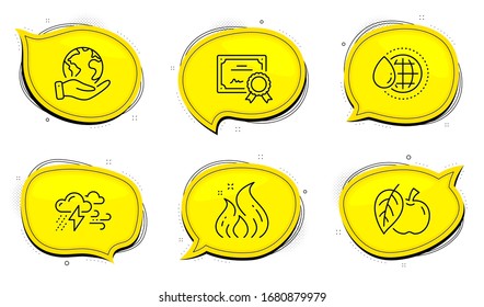 Bad weather sign. Diploma certificate, save planet chat bubbles. Apple, Fire energy and World water line icons set. Fruit, Flame, Aqua drop. Clouds. Nature set. Outline icons set. Vector