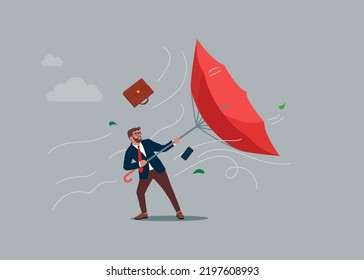 Bad weather and storm concept. Stressed businessman character standing trying to catch flying red umbrella from rain and wind. Vector illustration.