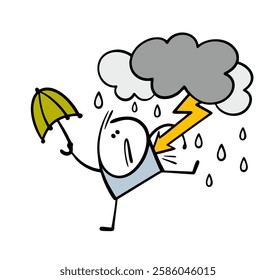 Bad weather, storms, clouds, thunderstorms and thunder. Vector illustration of lightning striking a man. Stickman with an umbrella in the rain. Isolated character on white background.