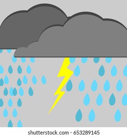 Bad weather thunderstorm and lightning. Vector illustration sky with clouds and lightnings.