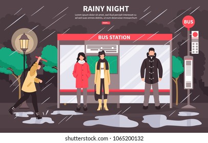 Bad weather transportation web page poster with people waiting at bus stop on rainy night vector illustration 