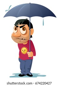 Bad weather. Unhappy man with umbrella in the rain. Cartoon styled vector illustration. Elements is grouped. Isolated on white. No transparent objects.